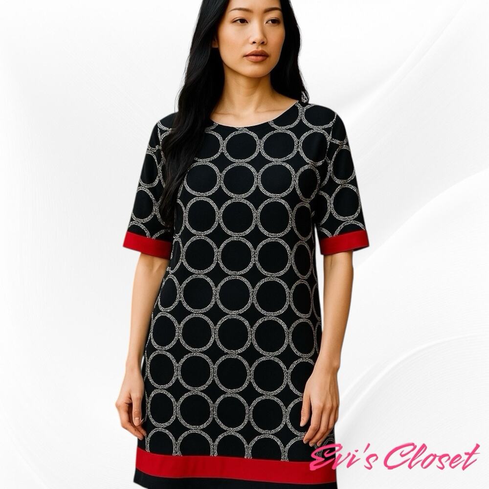 Karin Stevens A Line Dress Women's Black White Red Print Trim Fluid Knit Sz.10